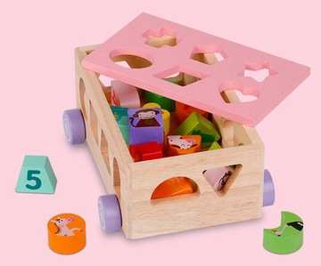 ДЕРЕВЯННЫЙ РАЗВИВАЮЩИЙ КУБИК ДЛЯ РЕБЕНКА - СОРБЕР НА КОЛЕСАХ БЛОКОВ 882