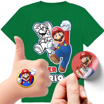 ZESTAW 3W1 KOSZULKA DLA DZIECI TATUAŻE NAKLEJKI SUPER MARIO BROS 152 JAKOŚĆ