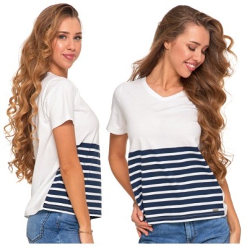 T-SHIRT DAMSKI BAWEŁNIANY W PASKI DEKOLT V KOSZULKA NA LATO MORAJ R.M