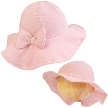KAPELUSZ MUŚLINOWY Z KOKARDĄ letnia czapka niemowlęca dla dziewczynki 40-42
