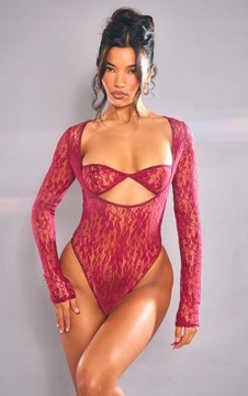 Prettylittlething yji KORONKOWE FIOLETOWE WYCIĘCIE BODY S NG4