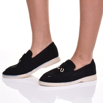 KLASYCZNE MOKASYNY DAMSKIE MATERIAŁOWE KOKARDA