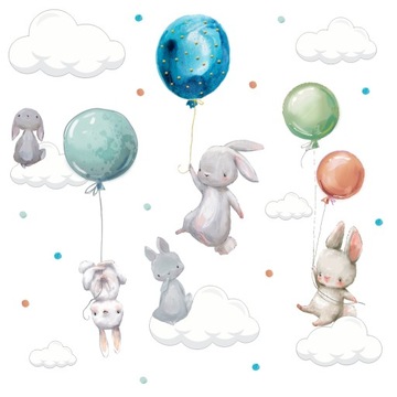 KRÓLIKI BALONY CHMURKI NAKLEJKI ŚCIENNE 100x60