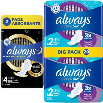 ALWAYS ULTRA DAY 2 long 20szt + ALWAYS ULTRA 4 SECURE NIGHT 2szt GRATIS