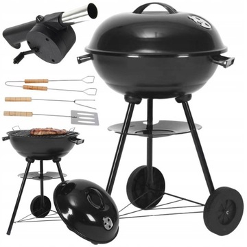 GRILL WĘGLOWY TURYSTYCZNY PIKNIKOWY Z POKRYWĄ ZESTAW + DMUCHAWA I SZTUĆCE