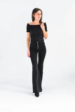 Czarne damskie spodnie dzwony jeans PUSH UP wysoki stan szeroka nogawka XL