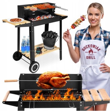 GRILL OGRODOWY WĘGLOWY DUŻY Z PÓŁKAMI REGULACJA NA KÓŁKACH CZARNY BRĄZOWY