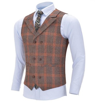 Men's Business Navy Vest Wool Plaid Slim Fit Singl