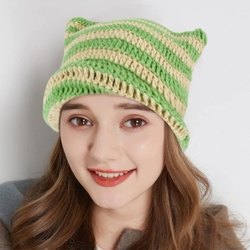 Женская вязаная шапка-бини в полоску, Y2K Готическая вязаная крючком шапка с кошачьими ушками,