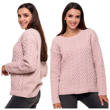 CIEPŁY DAMSKI SWETER DZIANINOWY SPLOT WARKOCZOWY MORAJ R.XXL RÓŻOWY