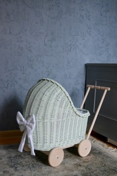 Плетеная коляска для кукол MINT, толкатель + постельное белье