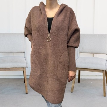 ПАЛЬТО ЖЕНСКОЕ КУРТКА ИЗ АЛЬПАКИ СВИТЕР ТЕПЛЫЙ С ДЛИННЫМ КАПЮШОНОМ НА МОЛНИИ MOKKA 2022