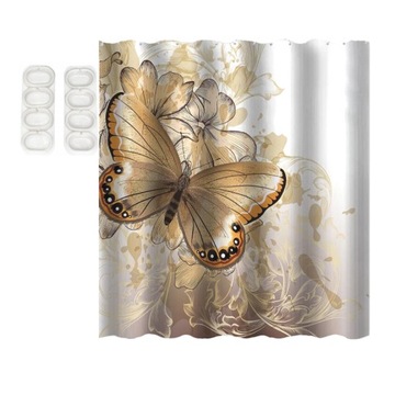 WODOODPORNY ZASŁONA PRYSZNICOWA WZOR MOTYL 180x220cm KURTYNA 24 SZT HACZYKI