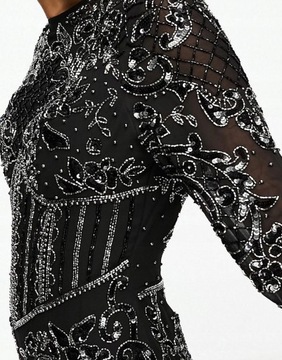 Asos Design NG7 kvf CZARNA ZDOBIONA MAXI SUKIENKA DŁUGI RĘKAW M