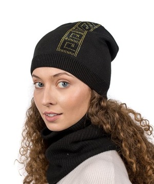 Czapka Komin Golf Komplet Grecki Wzór Zestaw Damski Beanie Czarny