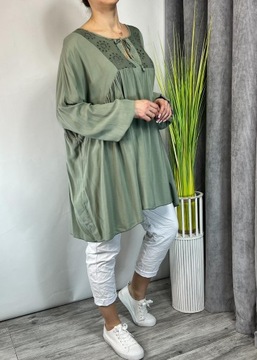 WŁOSKA TUNIKA Z OZDOBNYM DEKOLTEM WISKOZA KHAKI UNI PLUS SIZE 50-58