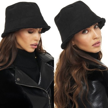 BUCKET HAT CZAPKA KAPELUSZ futro teddy bear czerń