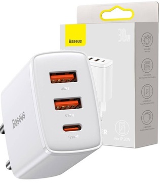 Ładowarka sieciowa 2 x USB + USB-C max 30W BASEUS