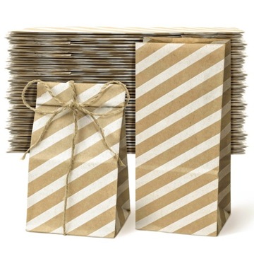 100x Torba KLOCKOWA 8x6,5x19cm PAPIEROWA w PASKI BRĄZOWE BIAŁE eko