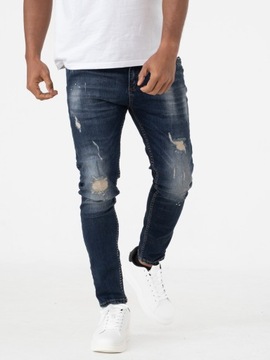 SPODNIE JEANSOWE MĘSKIE WYTARCIA MODNE i8 Denim Skinny Ciemne Niebieskie 30