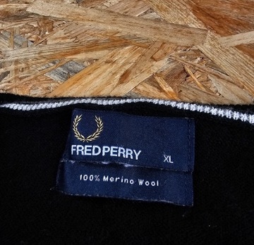 Sweter w Serek Wełniany FRED PERRY Wełna Merino Merynos Elegancki Casual XL