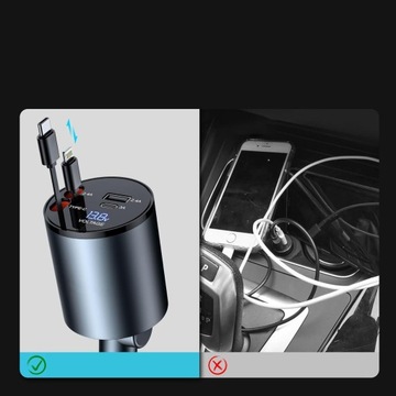 ŁADOWARKA WYSUWANA SAMOCHODOWA OBROTOWY 120W ZAPALNICZKA USB-C Z KABLE 4W1