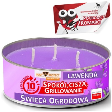 ŚWIECA ŚWIECZKA OGRODOWA ZAPACHOWA LAWENDA + WLEPKA POGROMCY KOMARÓW
