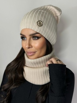 KOMPLET DAMSKI CZAPKA BEANIE KOMIN GOLF TUBA DUŻY ZESTAW CIEPŁY SPORT BEŻ