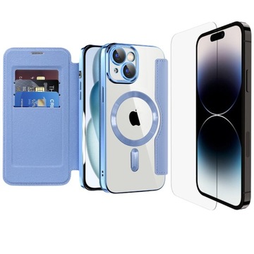 ETUI FLIP Z KLAPKĄ DO MAGSAFE OBUDOWA CASE IPHONE 13 BŁĘKITNY + SZKŁO