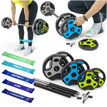 SZTANGA Z OBCIĄŻENIEM ZESTAW GUM MINI BAND FITNESS GRYF Z OBCIĄŻENIEM 20kg