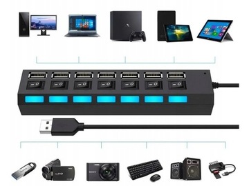 HUB USB 7 portów 2.0 kabel 41cm podświetlenie pracy