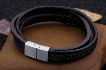 SKÓRZANA BRANSOLETA MĘSKA ZAPIĘCIE NA MAGNES STAL