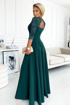 AMBER elegantné čipkované dlhé šaty s výstrihom - ZELENÁ - L