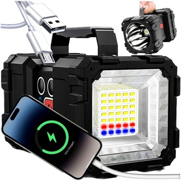 MOCNA LATARKA LED AKUMULATOROWA SZPERACZ DWUSTRONNA POWERBANK BIWAKOWA CREE