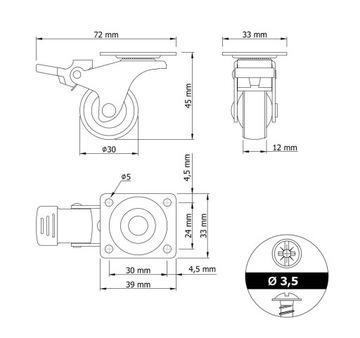 Колесо мебельное поворотное, черное, тормоз - комплект