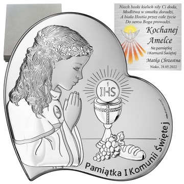 PAMIĄTKA KOMUNII ŚWIĘTEJ Srebrny Obrazek na Komunię z grawerem DZIEWCZYNKA