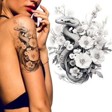 TATUAZ ZMYWALNY TYMCZASOWY WĄŻ KOBRA KWIATY TATUAZE WZORY NA RAMIĘ PLECY