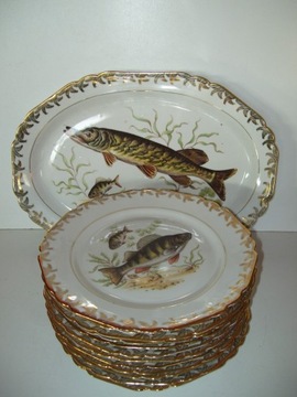 PORCELANOWY ZESTAW ZŁOCONY LIMOGES - PÓŁMISEK + 12 TALERZY