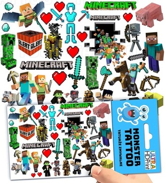 TATUAŻE ZMYWALNE TYMCZASOWE DLA DZIECI DZIECIĘCE MINECRAFT WZORY ORYGINALNE
