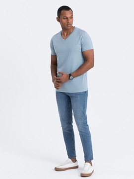 Męska bawełniana koszulka dekolt w serek BASIC jeansowa V11 OM-TSBS-0145 M