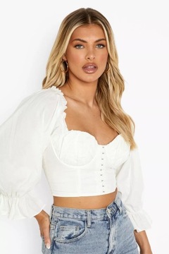 BOOHOO CZARNY CROP TOP BLUZKA Z BUFIASTYMI RĘKAWAMI W STYLU GORSET M 38