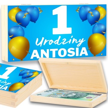 DREWNIANE PUDEŁKO NA PIENIĄDZE PAMIĄTKA NA ROCZEK WZORY IMIĘ EKO BOX NADRUK