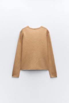 ZARA PIĘKNY SWETER CAMEL DEKOLT V KASZMIR 95 % S/M