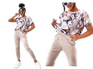 KOMPLET WELUROWY DRES SPODNIE BLUZA KRÓTKI RĘKAW WZORY KOLORY
