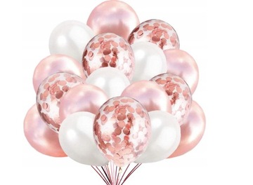 BALONY LATEKSOWE ROSE GOLD RÓŻOWO ZŁOTE perłowe BIAŁE KONFETTI 15szt