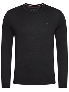 sweter meski tommy hilfiger czarny okrągły dekolt małe logo bawełniany