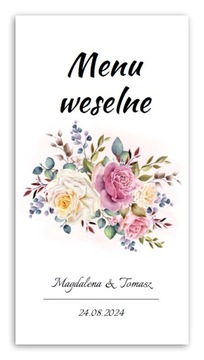 Menu weselne, ślubne, karta dań na stół, KWIATY KW