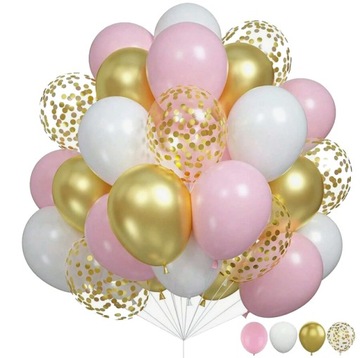 BALONY LATEKSOWE ZESTAW RÓŻOWO BIAŁO ZŁOTY konfetti dekoracja urodziny 40sz