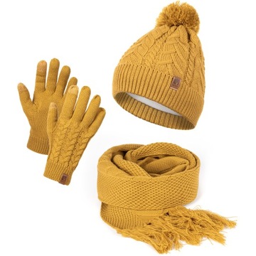 CZAPKA DAMSKA ZIMOWA SZAL RĘKAWICZKI DOTYKOWE KOMPLET Z POMPONEM SZALIK