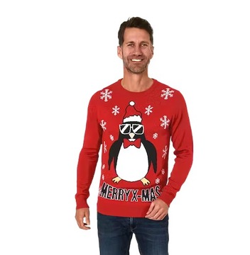 Męski sweter świąteczny czerwony Wzory PINGWIN Na Prezent rozm XL